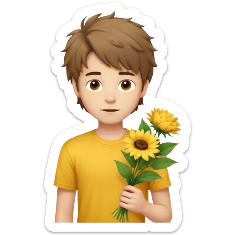generate an ios genmoji of a 20 year old fair boy with brown long and messy hair with stubble on cheeks. should look like he cant grow a mustache., carrying a flower bouquet, wearing a yellow tshirt, looking shy sticker