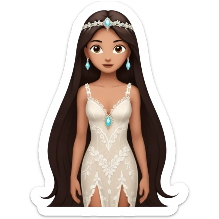 enchantress goddess wearing a embellished shimmering light powder white lace and yasmin stila marie hazel odette lilo chantecaille savannah maisie cacao champa flowers tiffany mocha lorelai beige gown with tanned skin and super long straight dark brown hair sticker