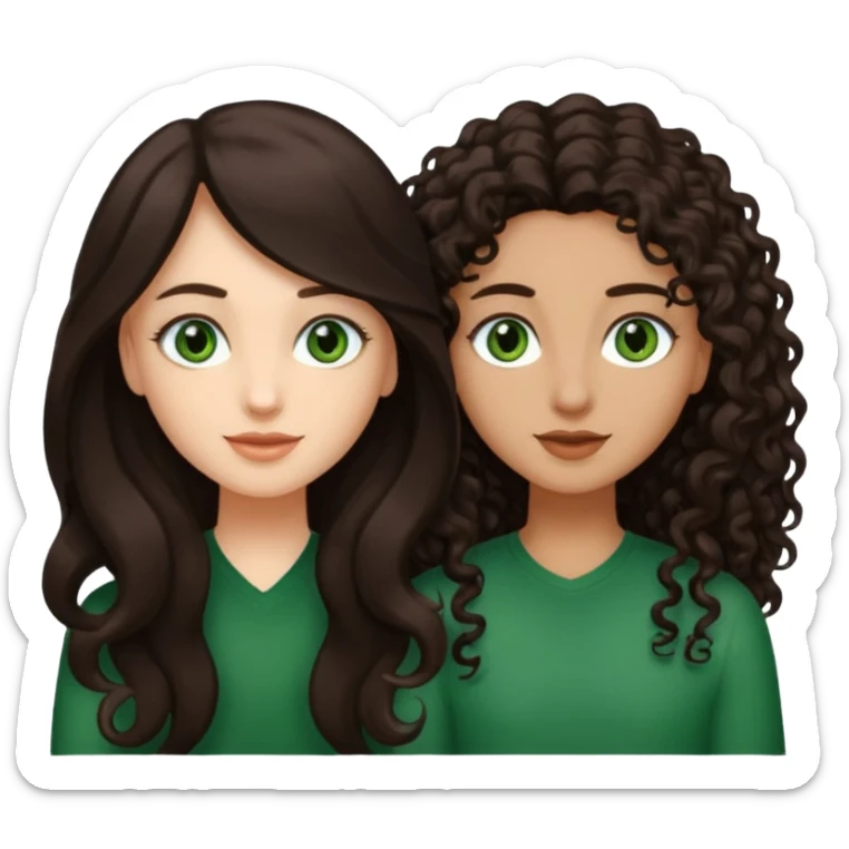 Two besties: 1: long fully straight darkbrown hair, green eyes 2: long curly darkbrown hair sticker