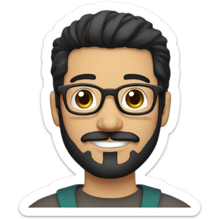 Arabic man, very short black hair, round hipster glasses, dark beard and mustache, round-ish face, brown eyes, beautiful smile, samurai sticker