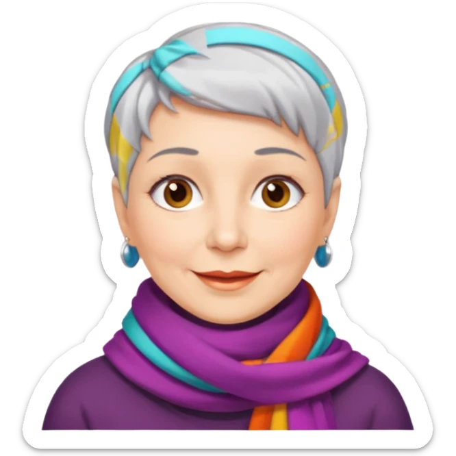 emoji of a woman in her 50s, short silver hair, wearing a scarf, cheerful look sticker