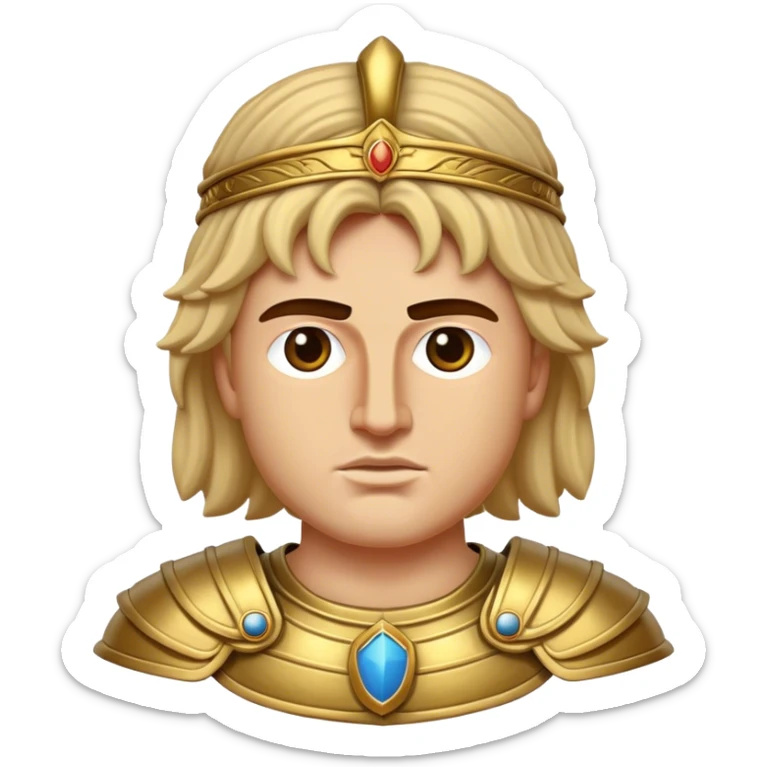 Cinematic Realistic Alexander the Great Portrait Emoji, depicted as a bold, charismatic ancient conqueror in regal armor with a commanding gaze, rendered with lifelike textures and dramatic heroic lighting that captures his legendary ambition. sticker