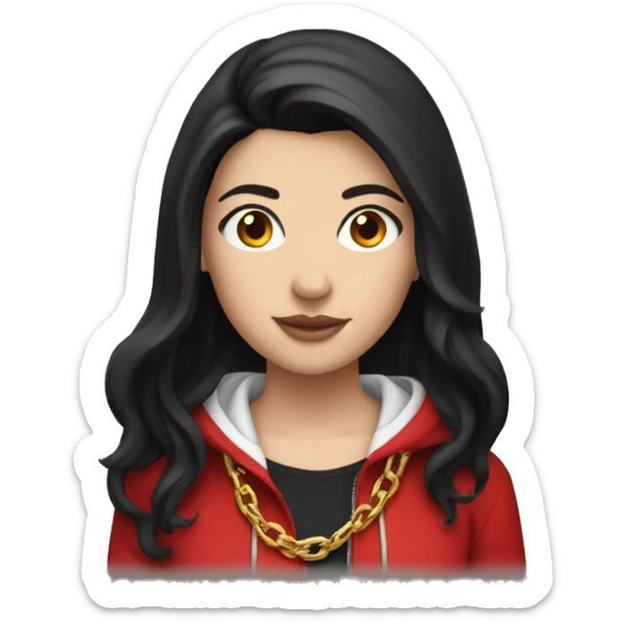 white girl with black hair wearing a red hoodie and a small gold chain sticker