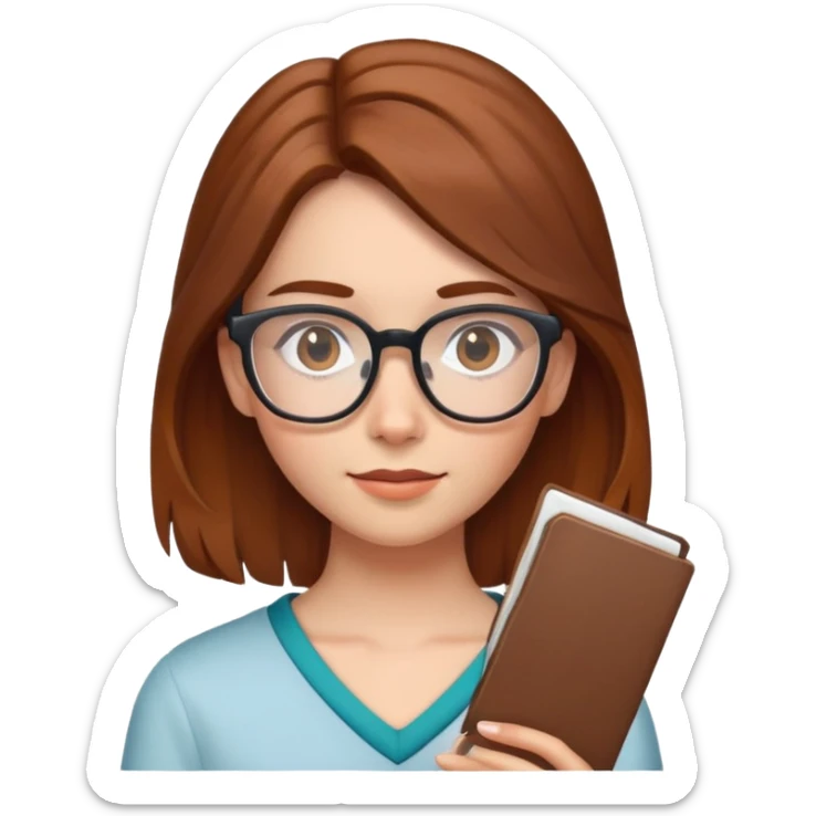 chica con el pelo por los hombros, medio recogido con una pinza y castaña. Con gafas sticker