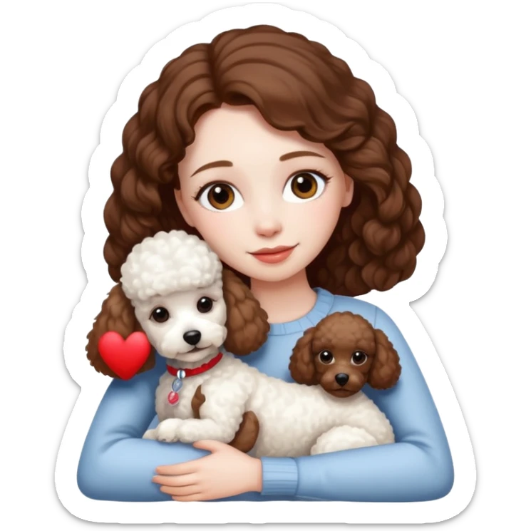 Beautiful woman with pale skin and brown hair hugging a white poodle dog sticker