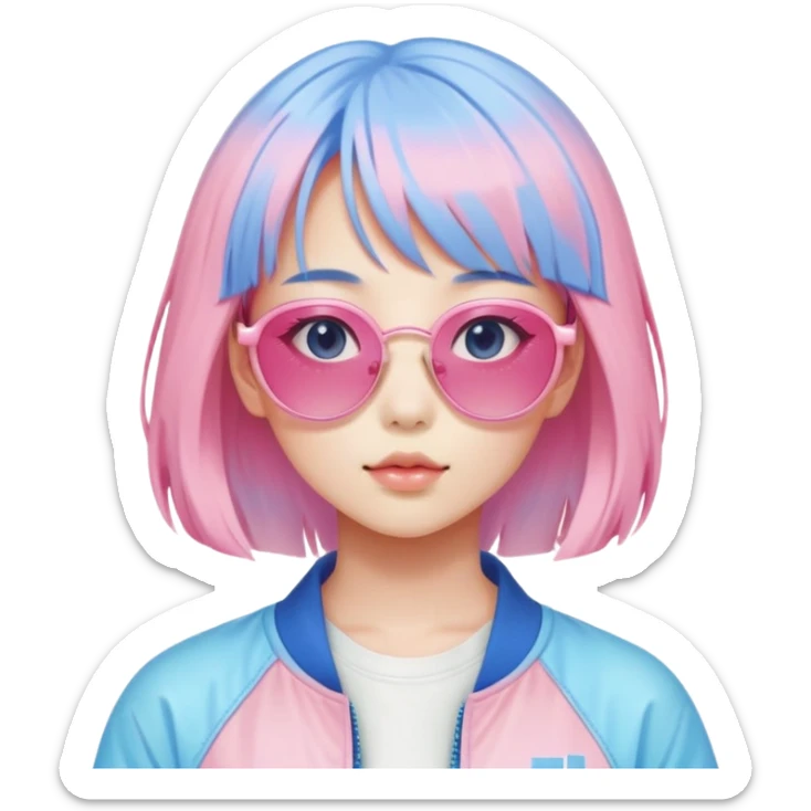 Vaporwave aesthetic Japanese girl with pastel pink hair, retro 80s sunglasses, nostalgic color palette of pink and blue, Japanese kanji characters floating, gradient background sticker