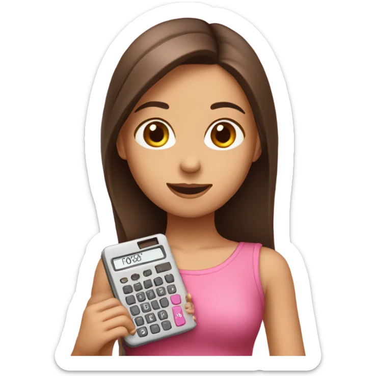 Pretty Girl with straight brown hair holding one pink calculator in her hand sticker