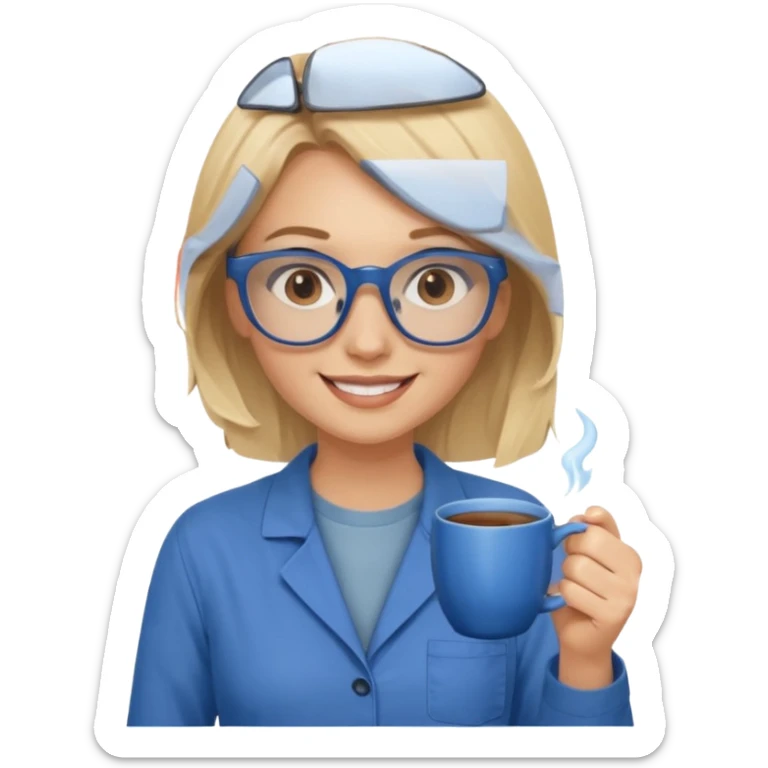 Blonde haired women with blue glasses, brown eyes and wearing brown worksuit, holding a blue mug of tea and smiling. sticker