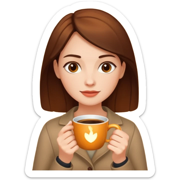 The woman holds a cup in her hands. There is a glow around the girl. sticker
