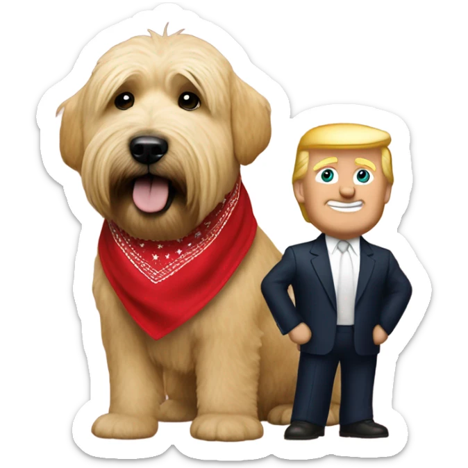 President Donald trump with a wheaten terrier wearing a red bandana sticker