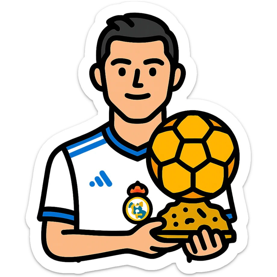 Cristiano Ronaldo in Real Madrid soccer uniform holding the Golden Ball trophy sticker