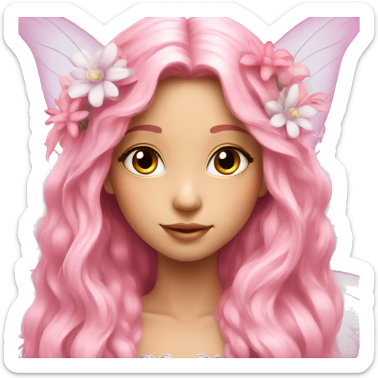 Beautiful, flower, fairy, pink, white, long hair, with pink wings sticker
