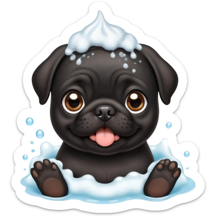Happy adorable beautiful Black pug puppy with bath foam on top of his head sticker