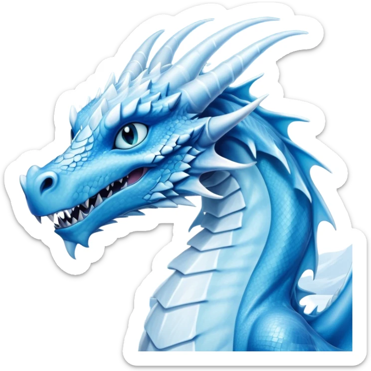 Cinematic Noble very elegant slender Ice Dragon Portrait Emoji, Poised and imposing, distinct long elegant snout, with a slender, scaled body shimmering in glacial hues of icy blue, frostbitten silver, and crystalline white, breathing out frost, with piercing, glowing ice blue white eyes that radiate the chilling depths of an arctic storm; rendered in detail. excuding wisdom sticker