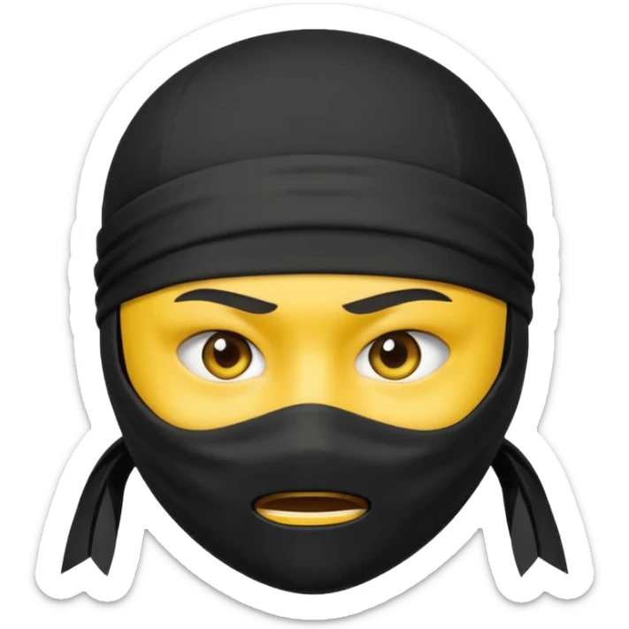 ninja face emoji with black ninja mask covering lower face, no skin color, standard emoji yellow, white headband, neutral expression sticker