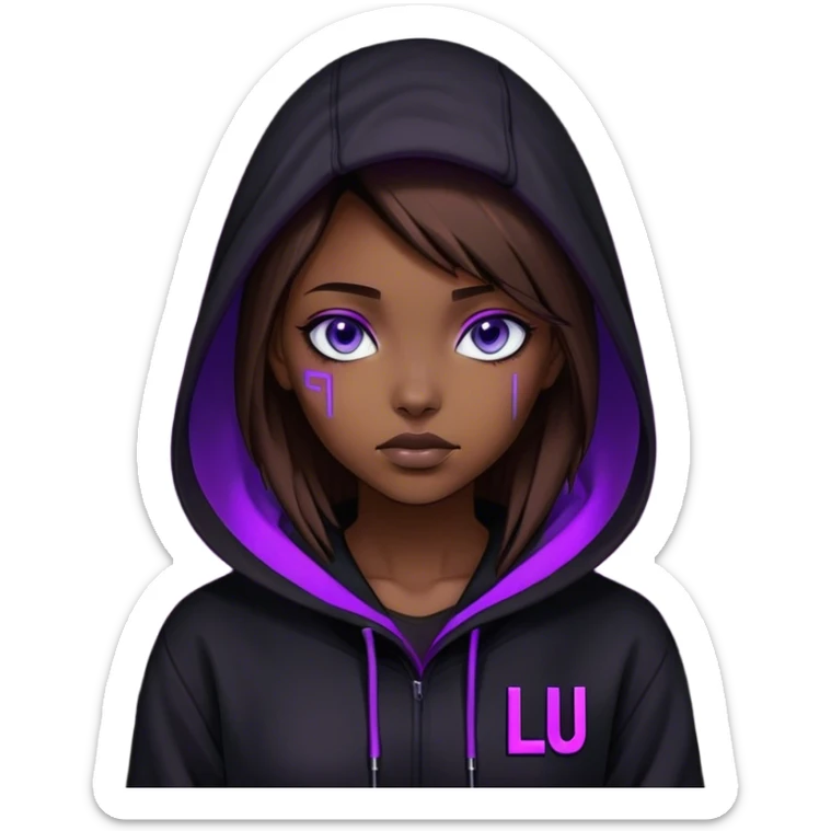 girl brown hair blue eyes wearing black hoody with violet letters "Lu" in the hood without a face. Cyberpunk style. Violet neon. sticker