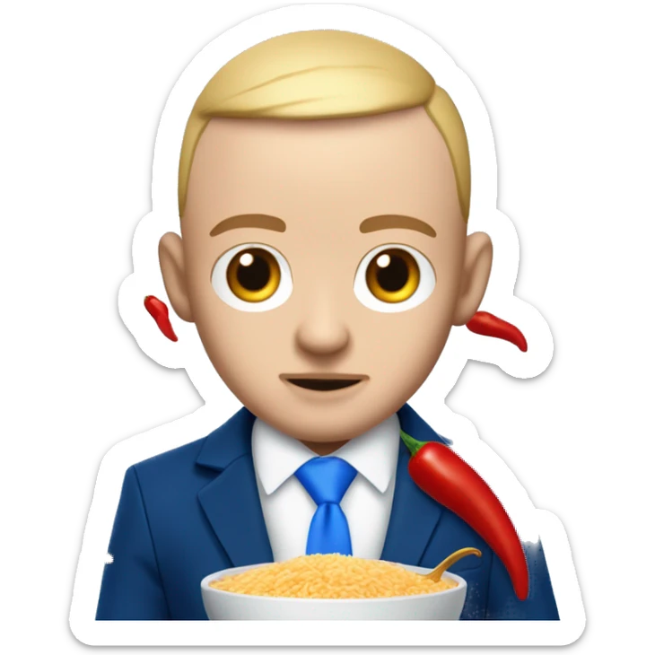 realism mac miller with a blonde comb over skin fade and blue eyes wearing a blue suit eating chilli with rice. normal colour skin sticker