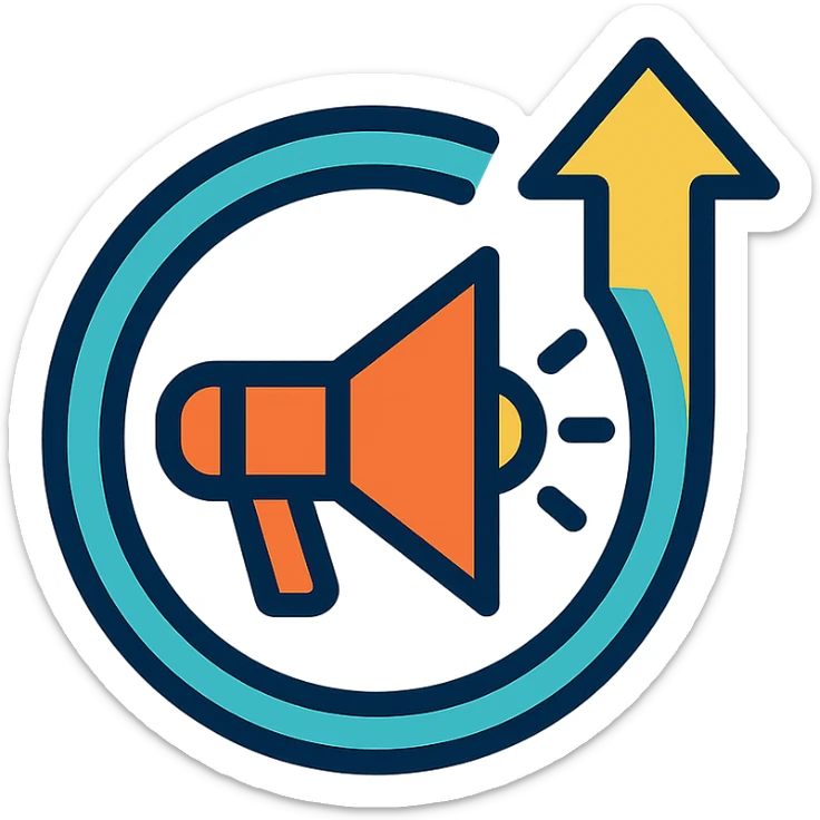 minimalist icon for advocacy consulting firm, rising arrow encircling megaphone, subtle gold navy blue accents, represents empowerment positive change sticker