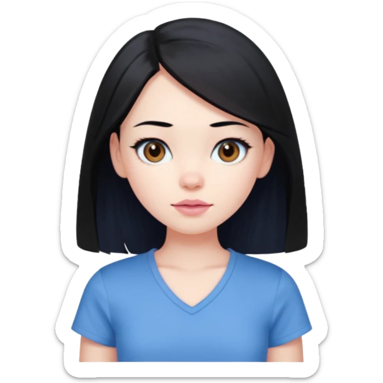 create an emoji of a young woman. She has a nice look, with mid-long black hair, brown eyes, pale skin, natural soft pink lips. she wears a blue short sleeve top with a v opening sticker