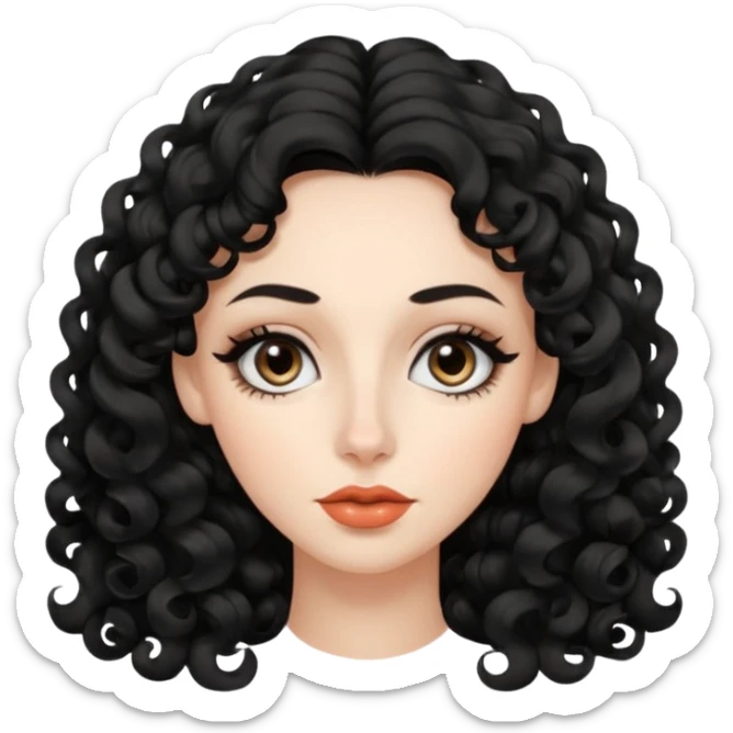 persona mujer con piel clara y rizos suaves color negro y largos  y sin volumen y con delineador en los ojos y con los labios medianos, ojos almendrados y nariz respringada y el fondo blanco sticker