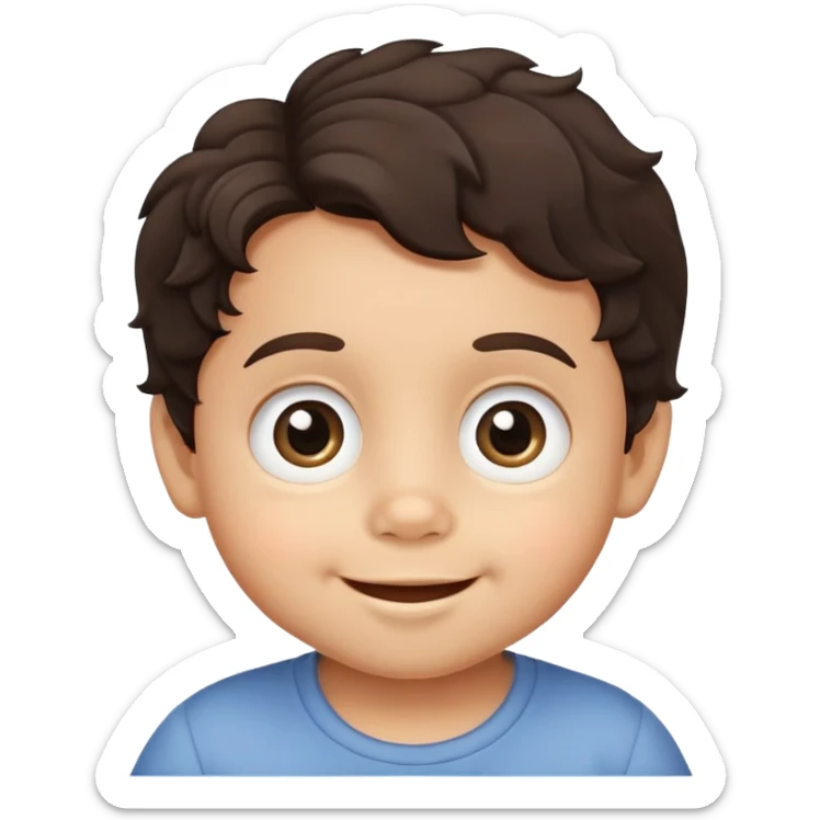close-up of round smiling toddler boy face only with big eyes, medium skin tone, dark wavy hair, no neck visible, just the face sticker