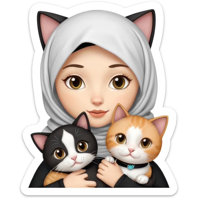 white girl with black eyes, braces and black hijab holding two cats, the first cat is tuxedo cats and the second one is calico sticker