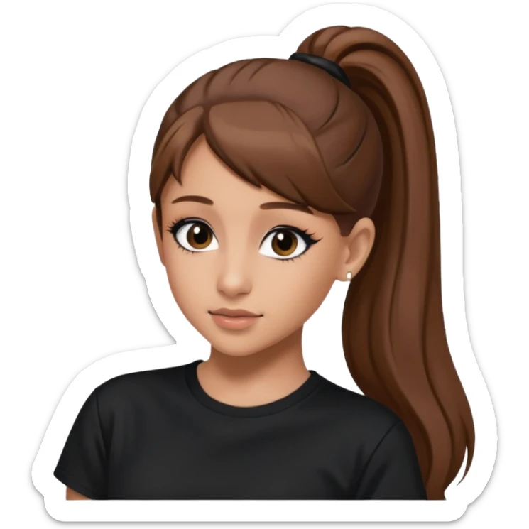 Ariana Grande high ponytaw with brown hair and with black thsirt and and eyeliner sticker
