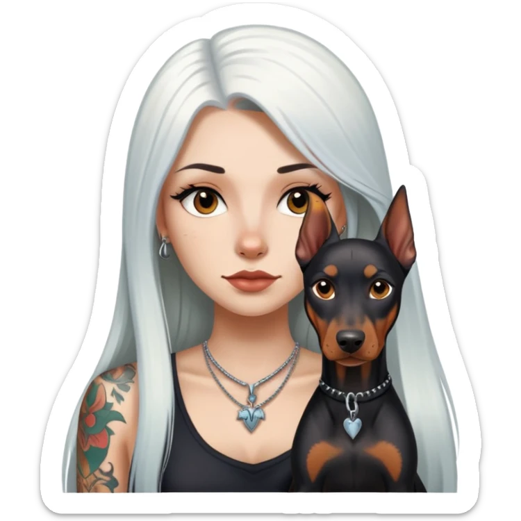 girl with long white  straight hair and tattoos and Doberman Pinscher sticker
