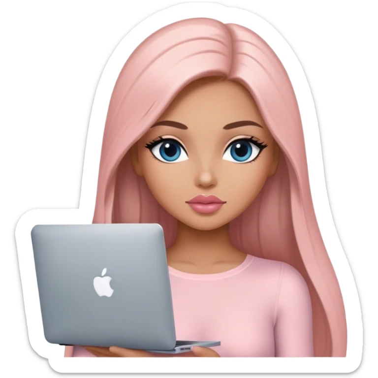 Glamours, tanned, very beautiful girl, with big pump peach-beige-rose lips, black straight smooth silky long hair, straight parting hair, blue-grey eyes, in light-pink bodysuit holding MacBook sticker