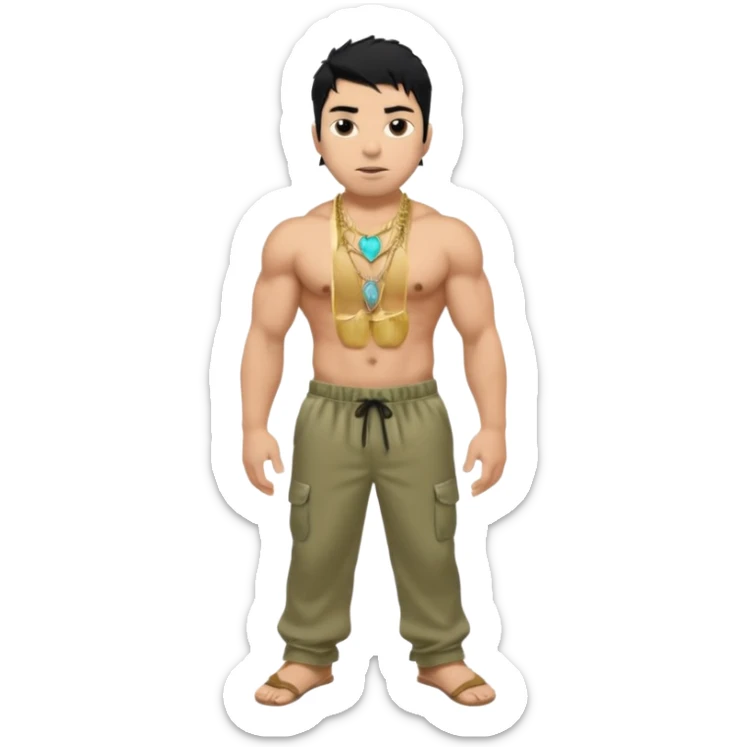 Chino Moreno with black hair, khaki satin baggy pants, shirtless with necklace sticker