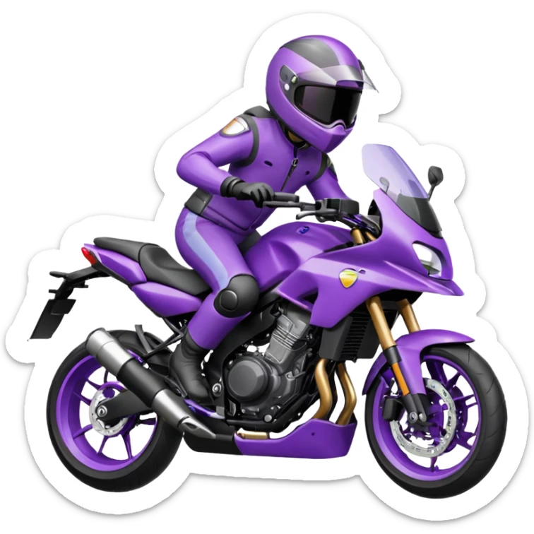 Créer un emoji copiable sur mon système iOS avec une moto mt07 noir mate / violet plus foncé que tu as et iridescent. le style de la mt07 doit être en sport. Avec pilote dessus visière violet bulle de la moto violet aussi. sticker