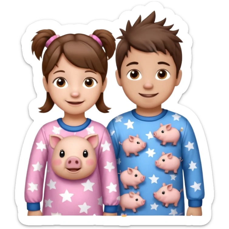 A toddler girl with brown hair with two pig tails, wearing pink pajamas with white stars on them. With a 4 year old boy with spikey brown hair, wearing blue pajamas with white stars on them. Both light skin and smiling. Both with a mix of big and small white stars on the pajamas  sticker