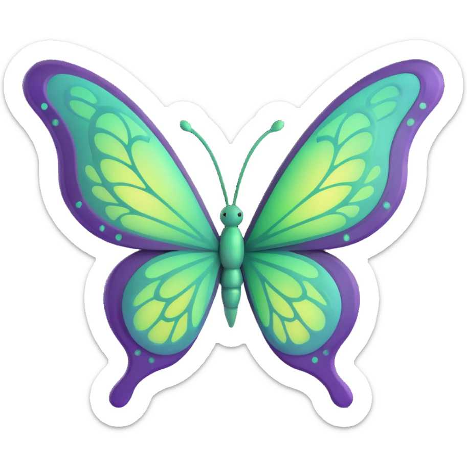 3D cartoon butterfly with magical glowing #c0ff53 green wings, dreamy aura, intricate vein patterns, subtle layered textures, delicate fantasy-inspired ornamental accents, digital fantasy art style sticker