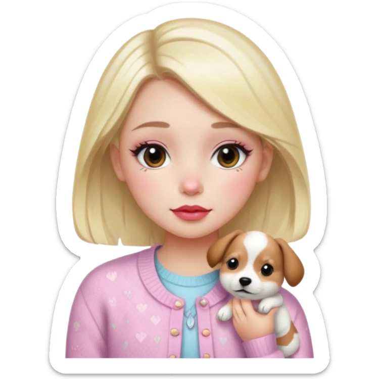 “Emoji girl, dewy skin, flushed blush across cheeks and nose, glossy cherry lips, soft puppy eyeliner, slightly teary sparkling eyes, wearing pastel cardigan.” sticker