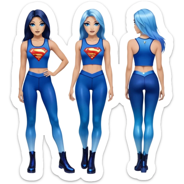 White woman-long legs-very very very large upper body-sexy face-puma boots-very long very straight dark blue to light blue ombre hair-and-blue eyes-thick black eyeliner-thick long eyelashes-iridescent blue lowcut tanktop with black leggings with glitter superman logo sticker