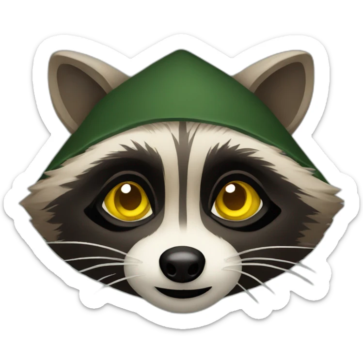 brown raccoon with yellow eyes and a dark green hood sticker