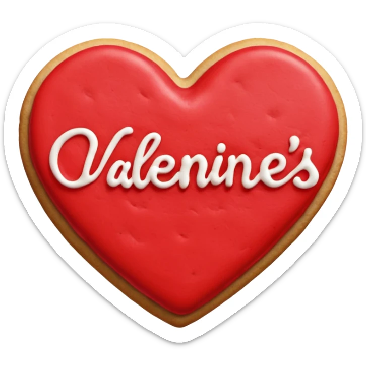 Heart-shaped cookie with red icing emoji, write happy valentine's day on top of the red icing in white icing sticker