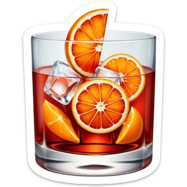 A short glass with bright red Negroni, ice cubes, and an orange wedge on top. sticker