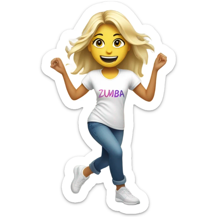 Blond smiling and dancing girl with Zumba logo on white t-shirt sticker