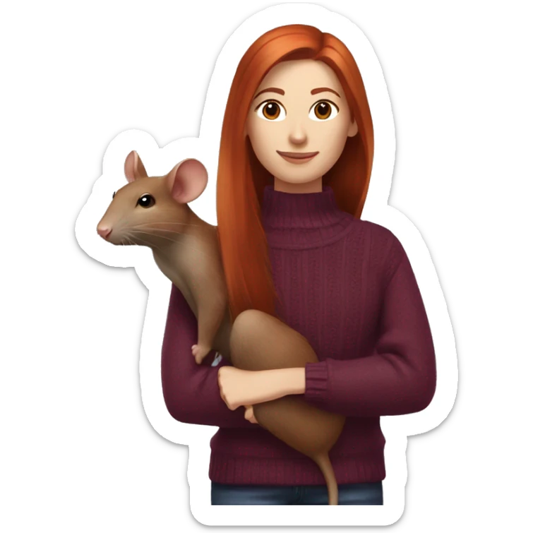 redhead girl with long hair and Dyson styling in a burgundy sweater and a rat on her shoulder sticker