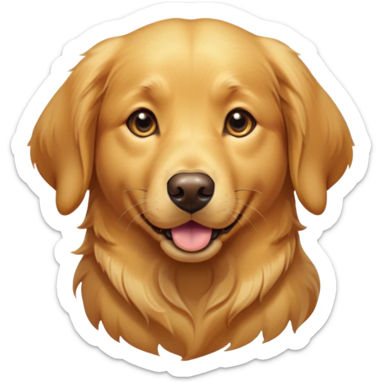 Cinematic Cute Golden Retriever Portrait Emoji, Head tilted playfully and inquisitively, showcasing a rich, glossy golden coat with a healthy sheen, round, sparkling brown eyes filled with curiosity, Simplified yet irresistibly adorable features, highly detailed, glowing with a warm, friendly glow, high shine, affectionate and lively, stylized with a touch of whimsy, bright and endearing, soft glowing outline, capturing the essence of a mischievous yet loving companion, so playful it feels like it could leap out of the screen and into your arms! sticker