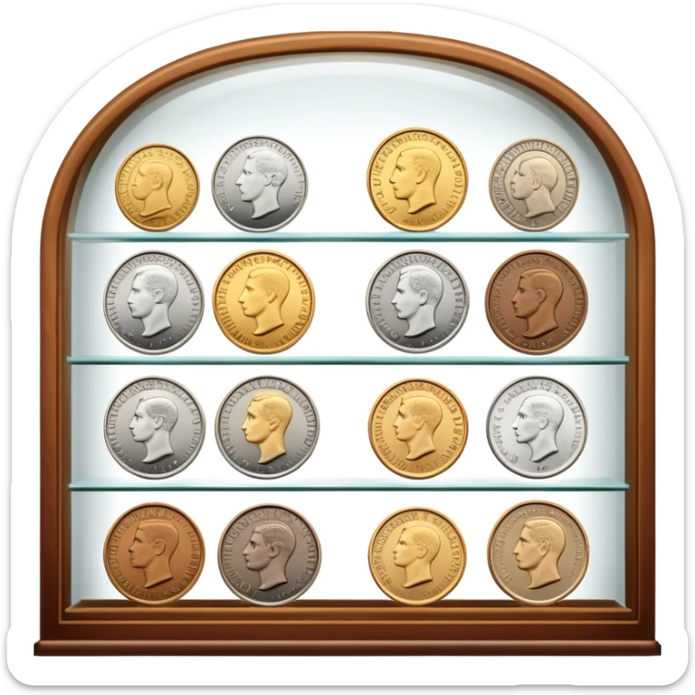 Icon for Coin Collecting: a collection of different vintage and modern coins of various forms, neatly arranged in a display case or on a table. The icon should highlight the diversity and historical value of coin collecting. Transparent background. sticker