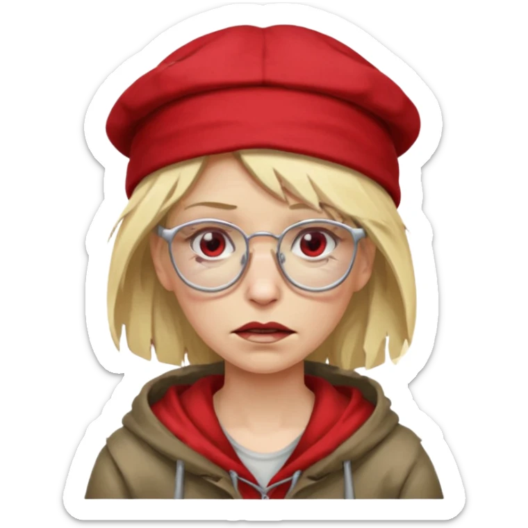 very dirty looking homeless woman with ripped red hat with ugly blond hair and broken glassess sticker