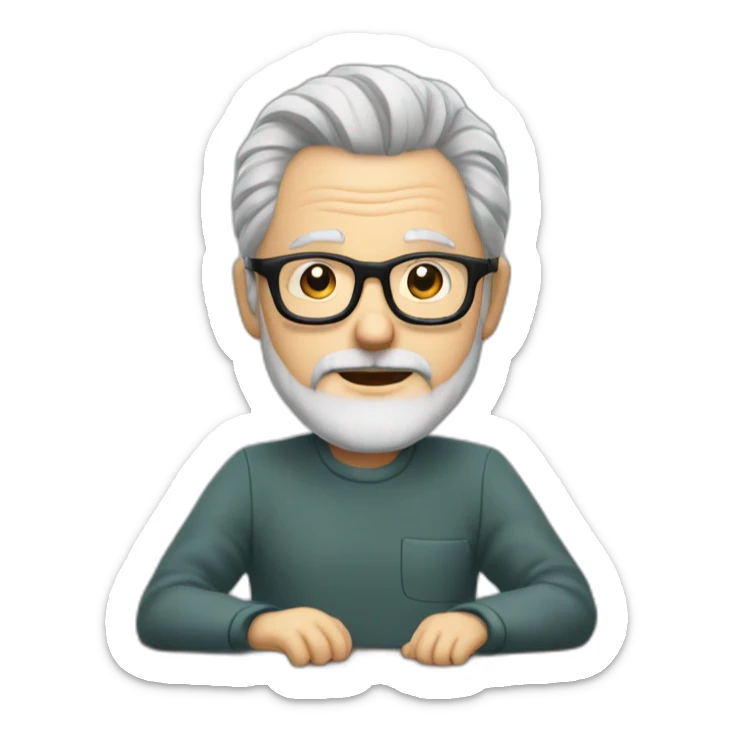 old man with grey hair and beard and glasses sitting at a desktop with 3 monitors sticker