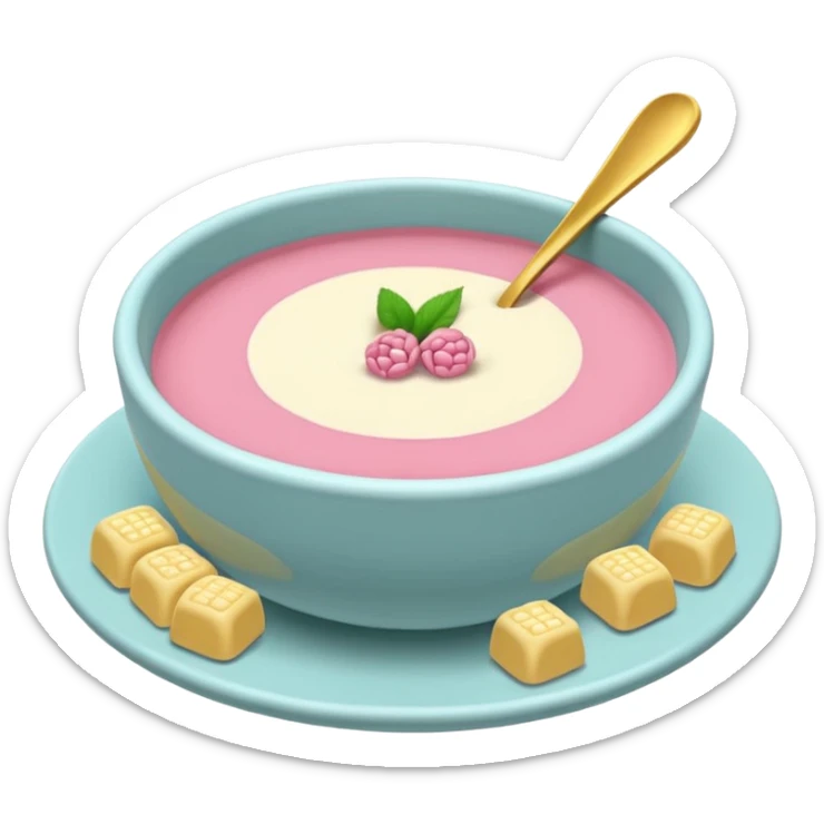 tazita de sopa, pastillas en estilo aesthetic y una camita rosada. sticker