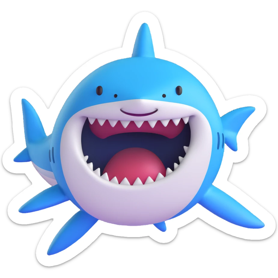 Edit the shark emoji in the smooth, cartoonish, 3D emoji style to be a dark moderate blue color. Remove legs and sneakers. The shark should be smiling with no background. sticker