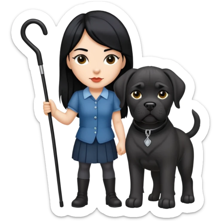 Woman with long black hair holding a black Cane Corso dog with cropped ears sticker