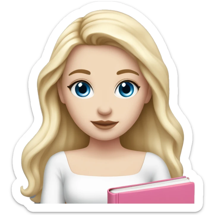 white girl, long long blonde hair, pink book in hand, white dress, blue eyes, pink lips sticker