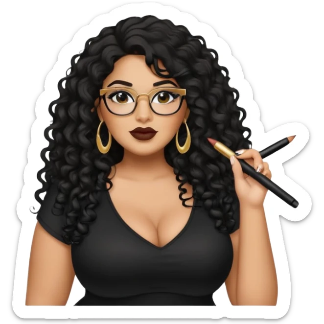 big plus size, latina, darker tan skin, long black curly hair, baddie,pretty, makeup, lipliner, black eyeliner, long hair, gold earrings, black top, glasses sticker