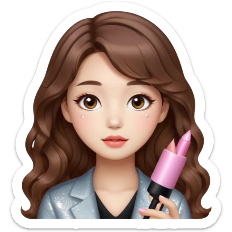 “korean brown hair Emoji girl, soft eyeliner and blush, gradient lips, light brown shimmer eyeshadow, sparkly aegyo-sal, long wavy hair,  sticker